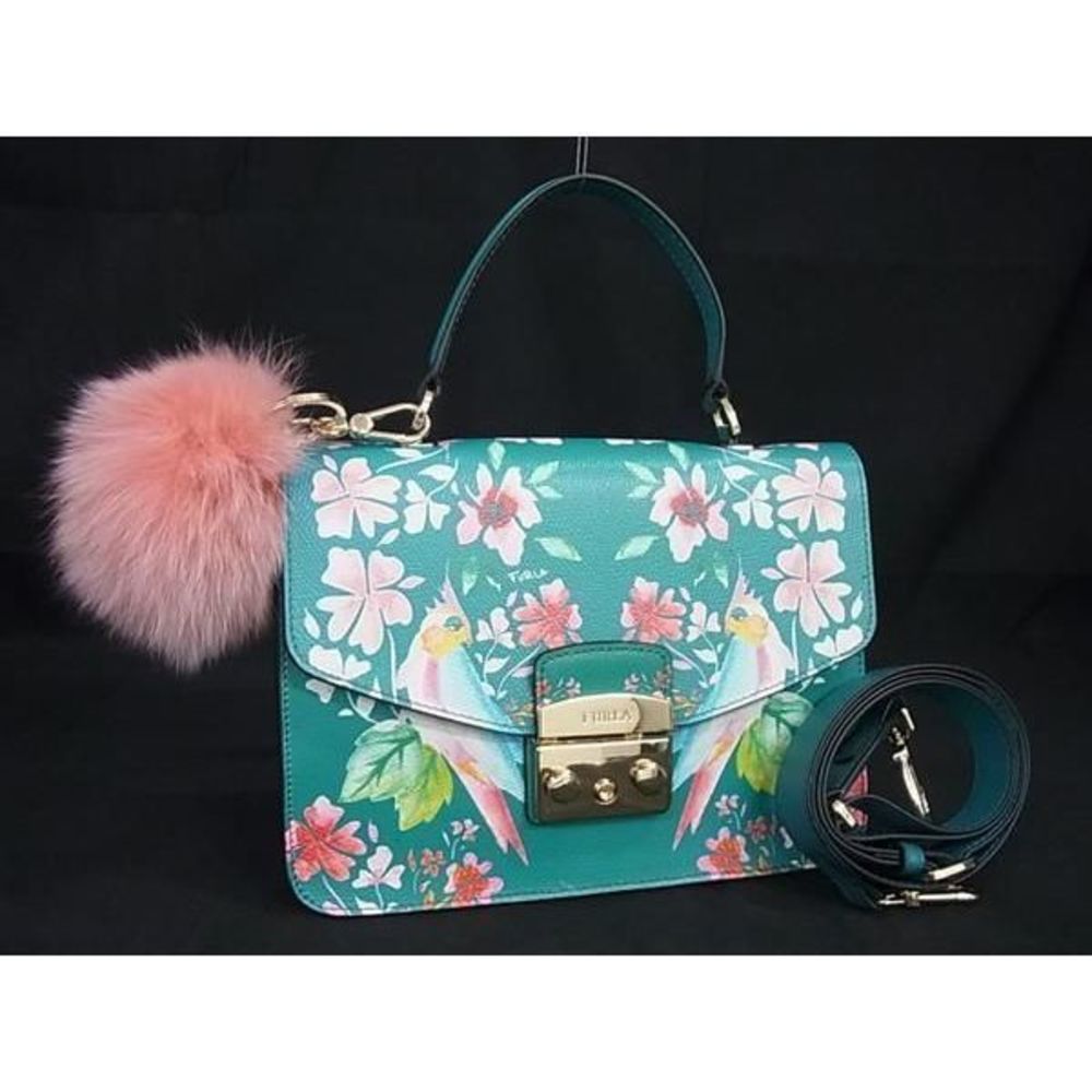 Furla Metropolis Leather Bird Flower Handbag Emerald Green